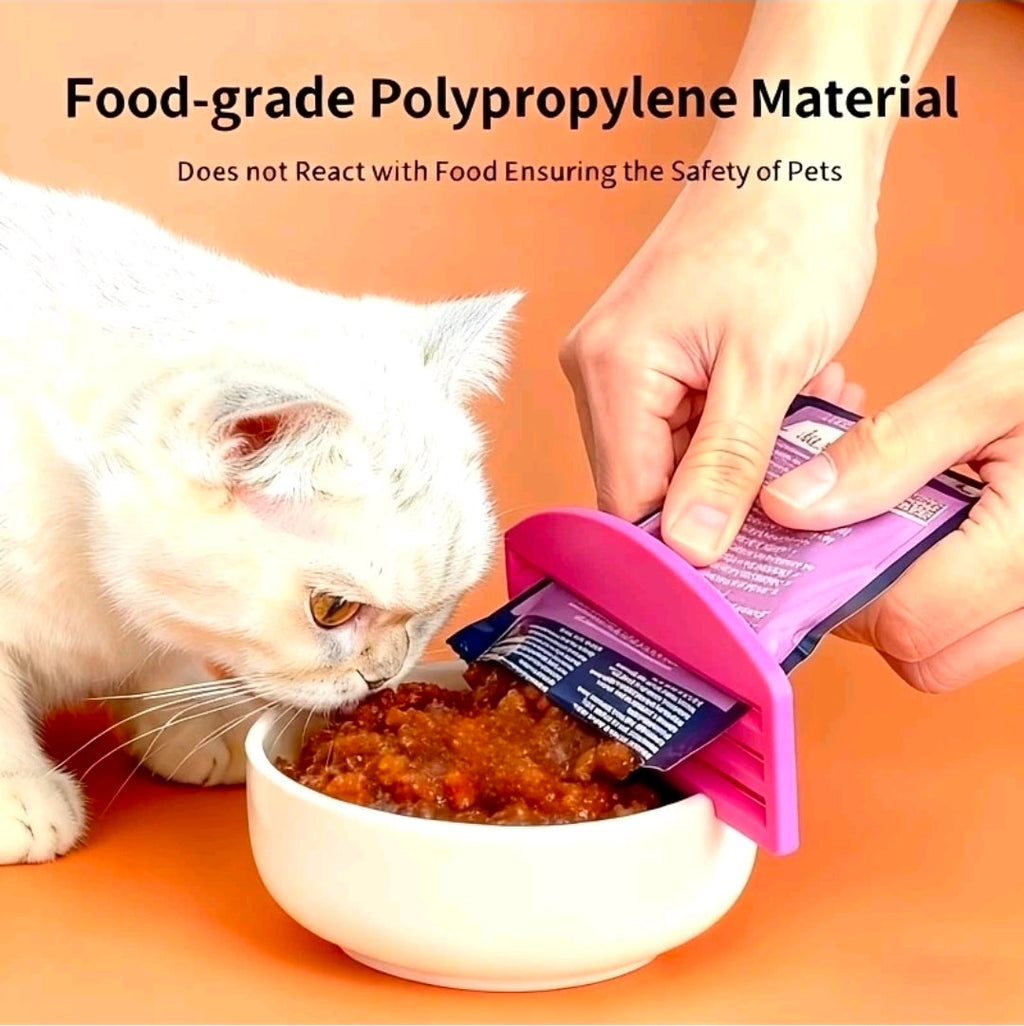 Pet food pouch squeezer. Dog and cat food aid.