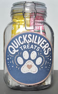 Dog and cat treat jar with personalised label.