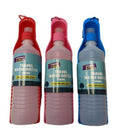 Travel water bottle for dogs. Bottle drains into holder for easy drinking on the go.