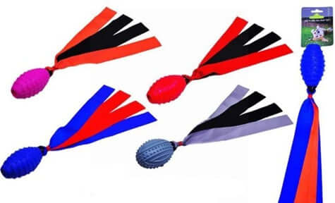 Dog tug toy. Dog throwing toy with tails. Squeaky dog toy.