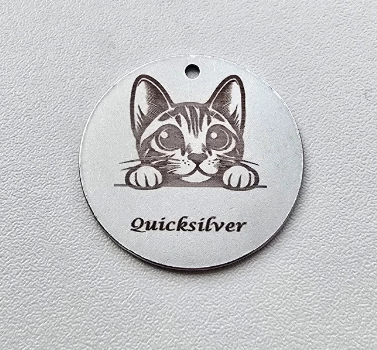 Personalised pet tag. Dog and cat collar tag. Pet safety. Contact number for lost dogs and cats.