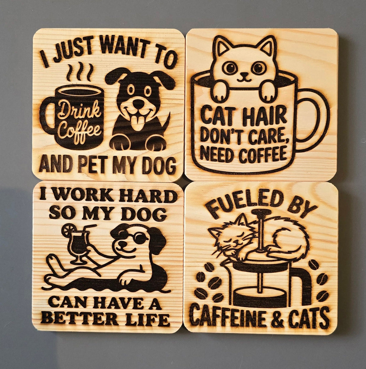 Solid wood coasters. Dog and cat lover coasters. Animal lover gift. Coffee lover gift.