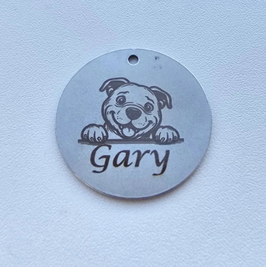 Personalised pet tag. Dog and cat collar tag. Pet safety. Contact number for lost dogs and cats.