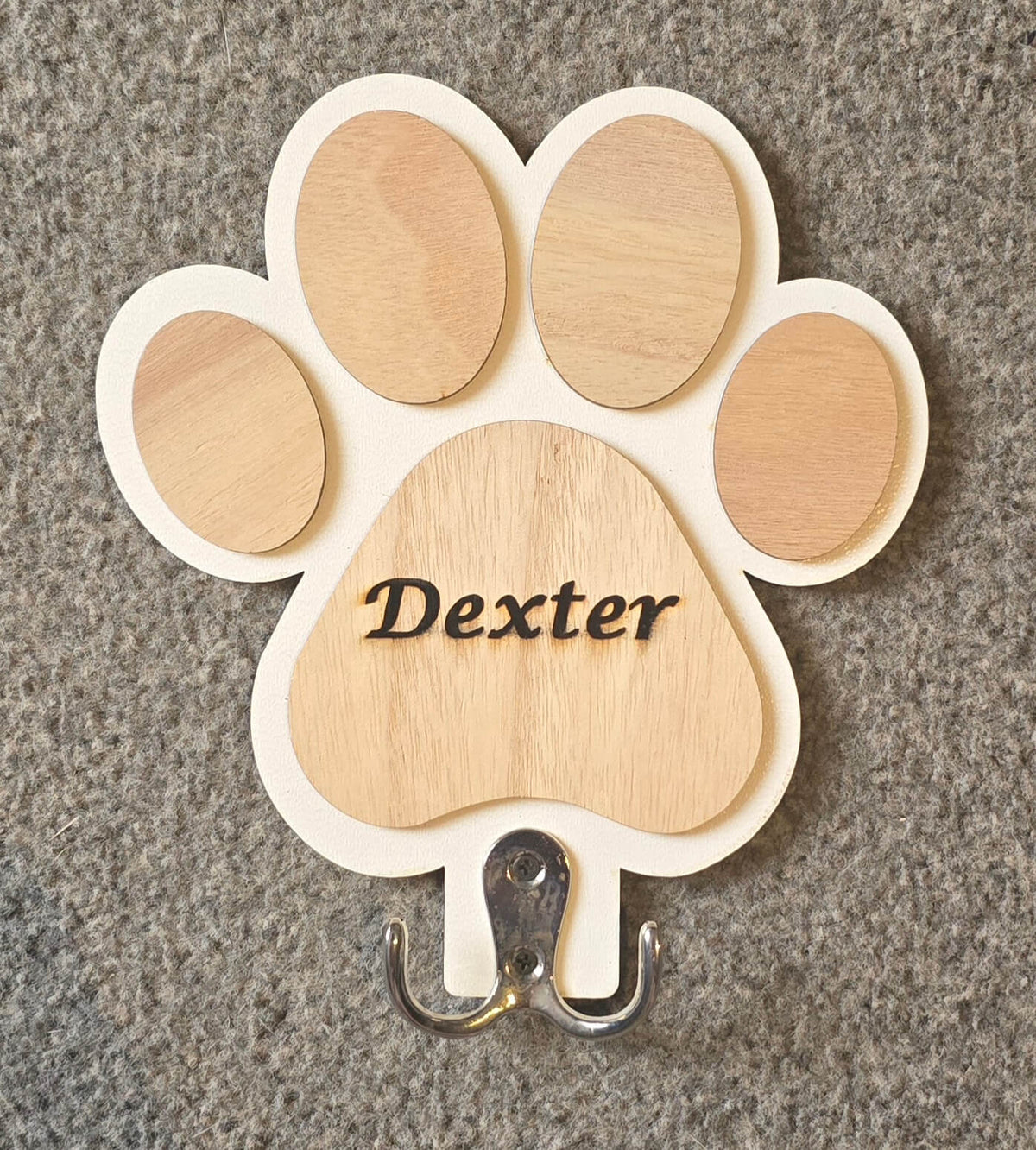 Personalised wooden paw shaped dog lead holder. Wall hook.