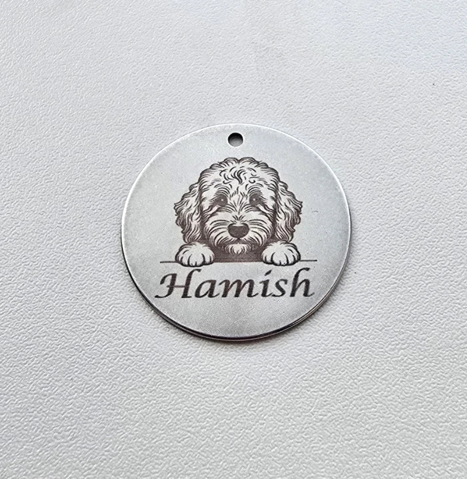 Personalised pet tag. Dog and cat collar tag. Pet safety. Contact number for lost dogs and cats.