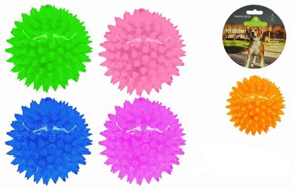 Squeaky, light up, spikey ball for dogs and cats. Pet toy.