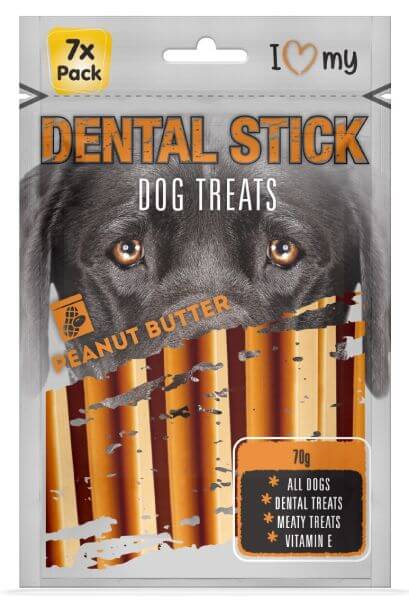 Dental stick dog treats. Peanut butter.