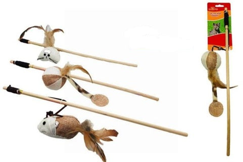 Cat toy on stick. Mouse, ball, heart cat toy. Feather stick toy.